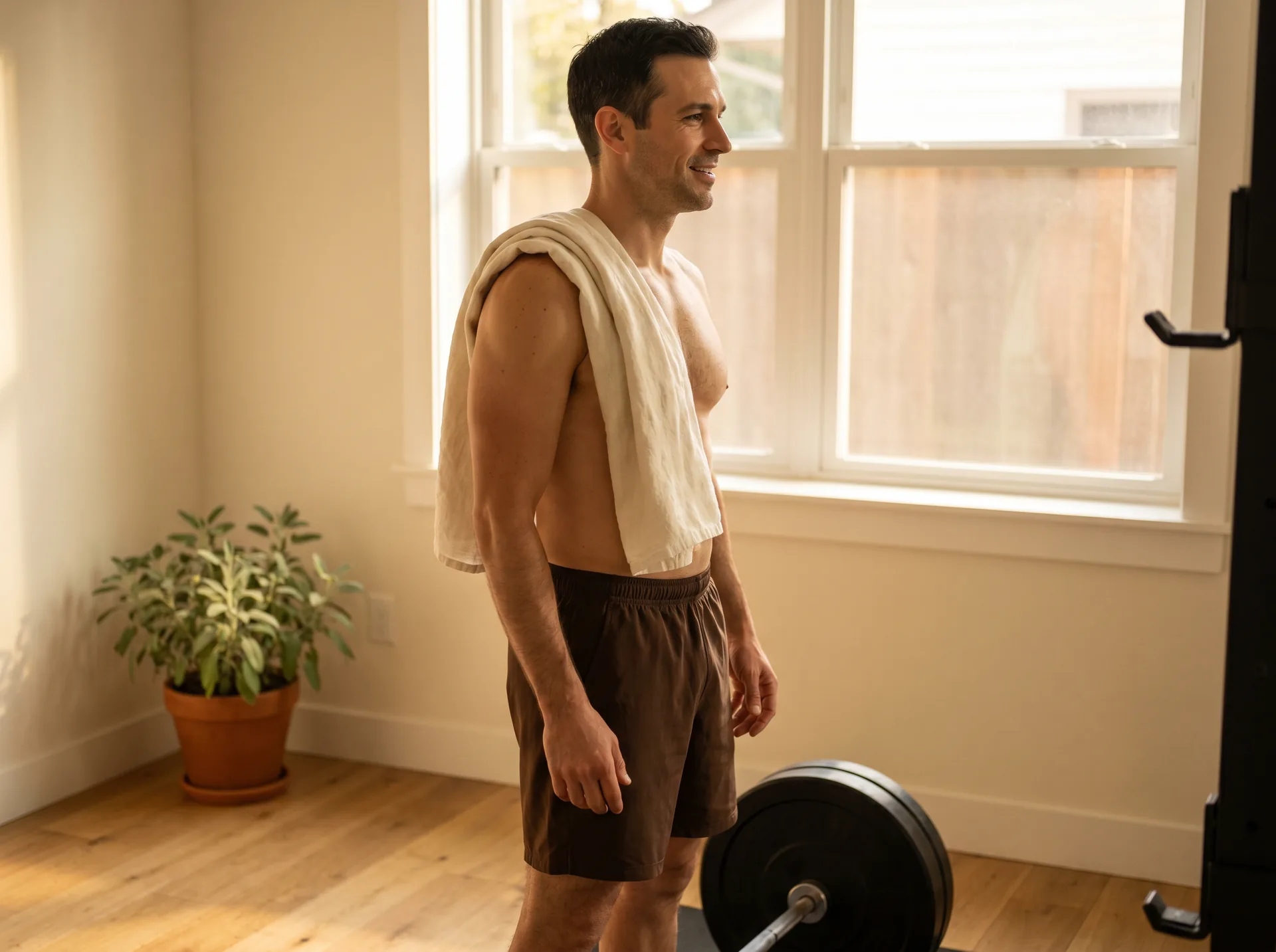 A man post-workout with a towel over one shoulder, side profile — the steady, evidence-based vitality a hormone-optimization program supports past fifty